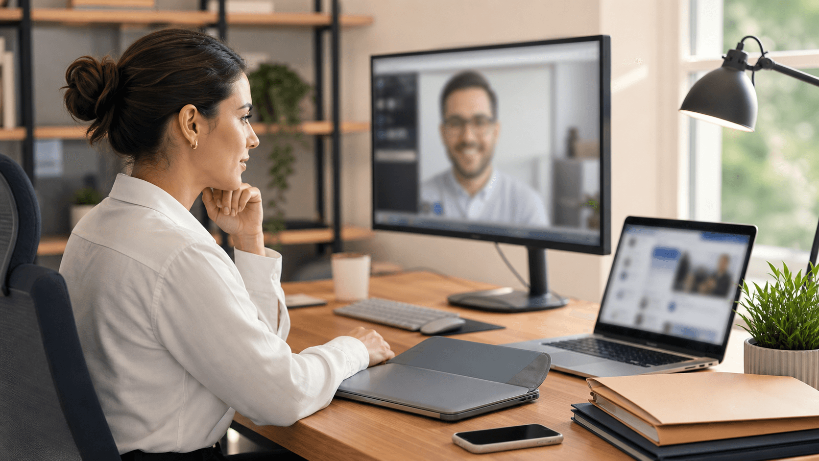 Laptop with social media icons and a checklist on screen, blue-toned workspace with soft lighting