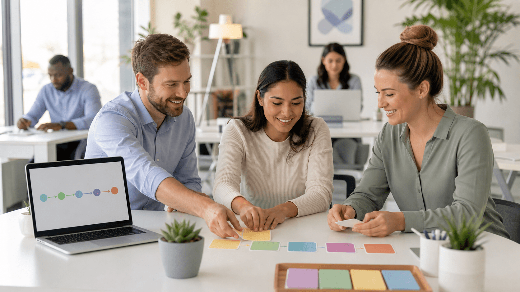 Blue-toned office scene with a hiring checklist, calendar, and three connected workflow icons on a desk.