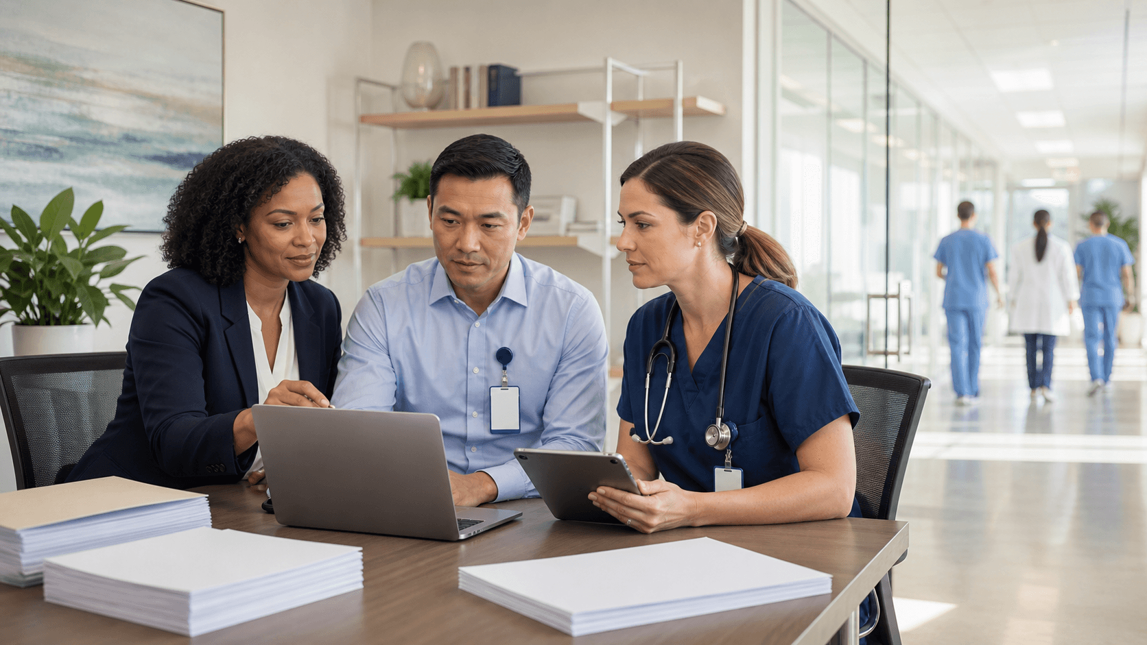 HR professional reviewing a clipboard checklist beside medical icons on a blue background with soft, clean lighting
