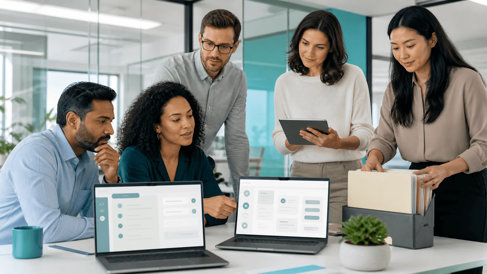 Recruiter reviews candidate profiles on a laptop beside a clipboard in a bright modern office.