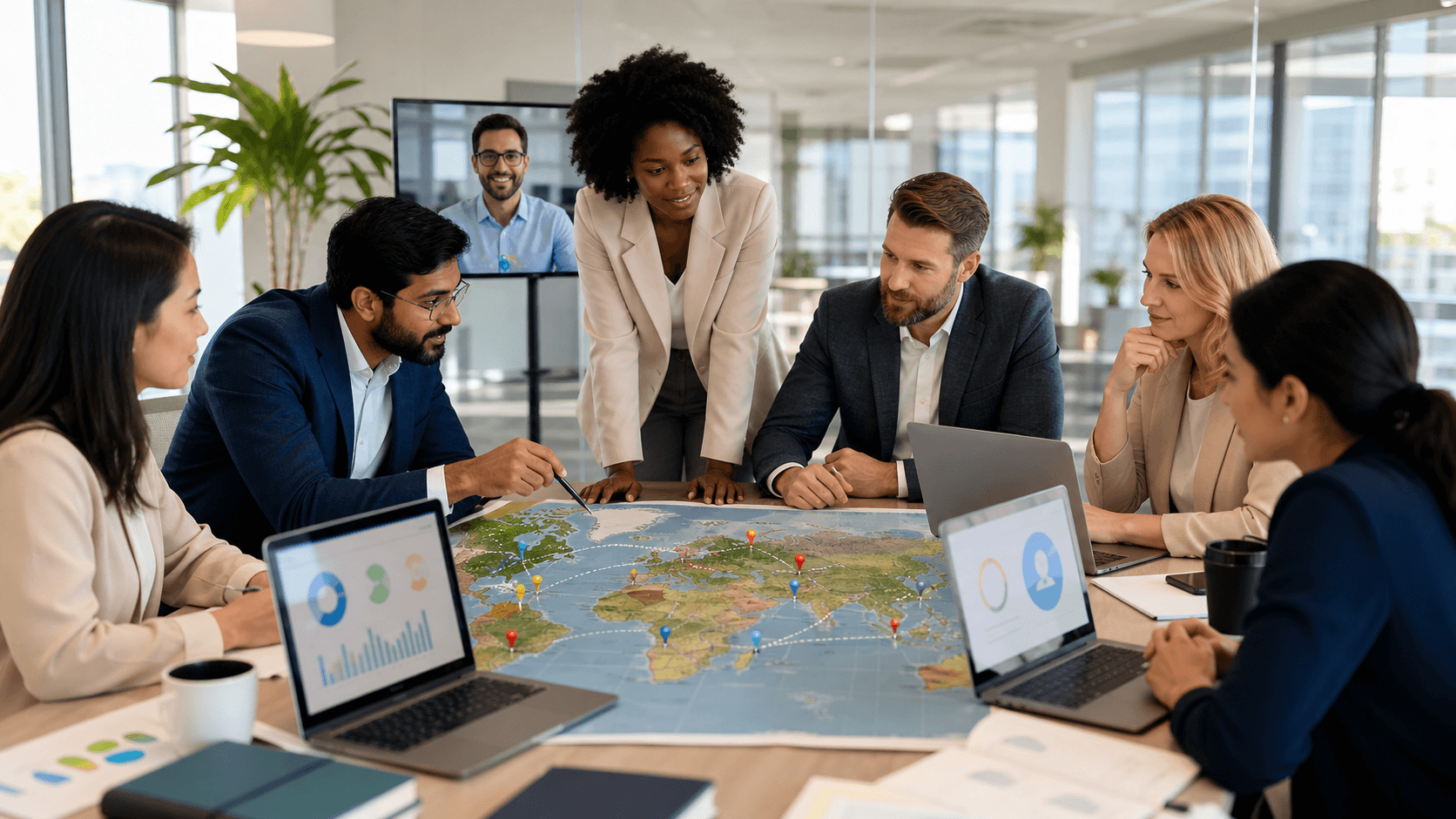 Remote worker at a laptop with glowing world map and alert icons on a dark blue background