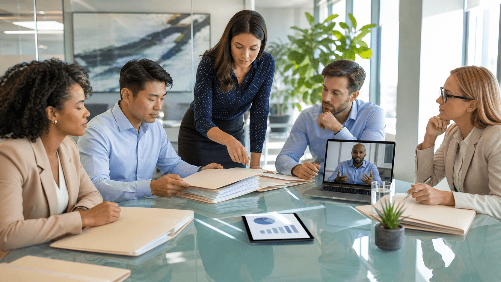 HR professional reviews employment documents beside a laptop in a bright, modern office.