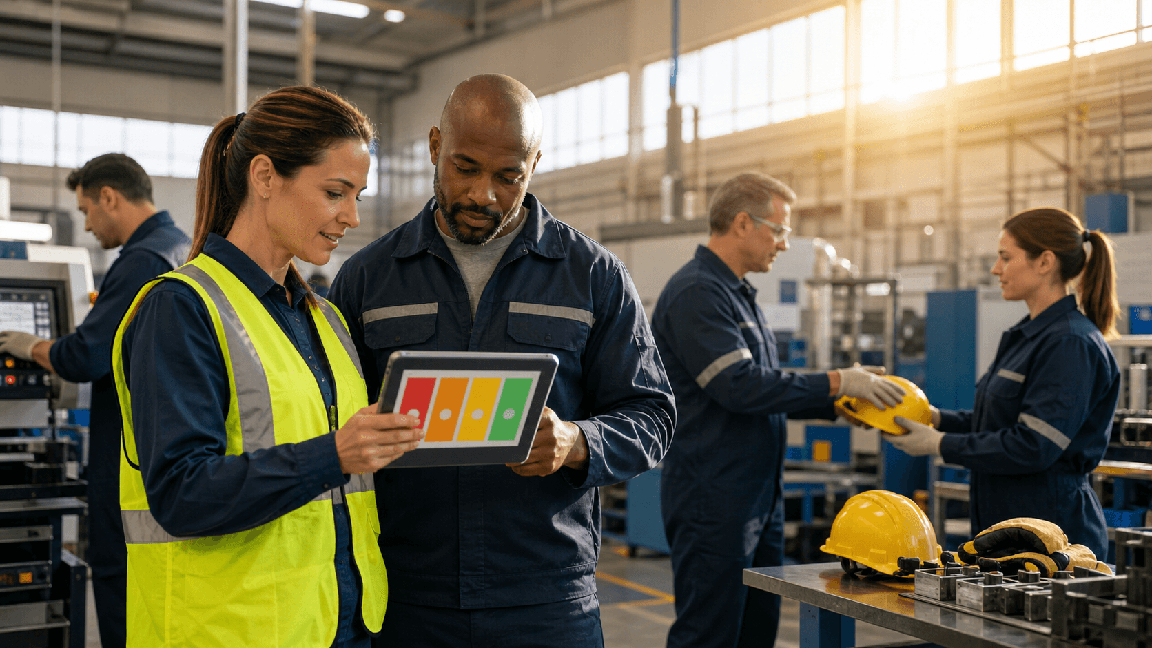Manufacturing worker in a hard hat monitors shift data on glowing blue screens in a dim factory.