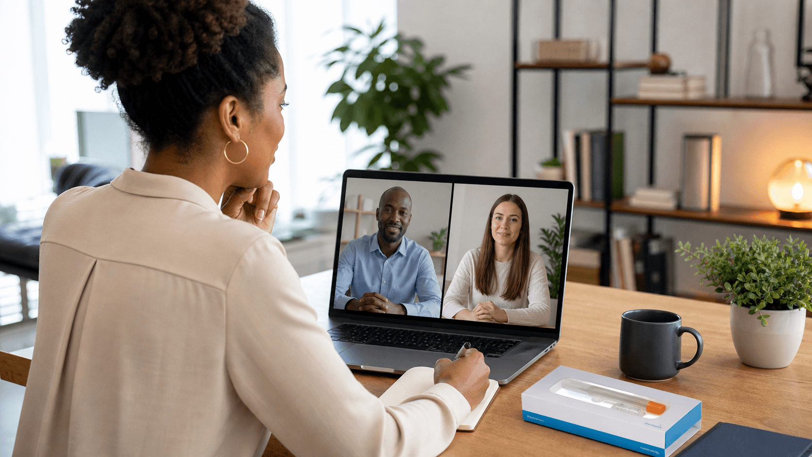 Remote worker at a laptop with a drug test kit beside a glowing video call screen.