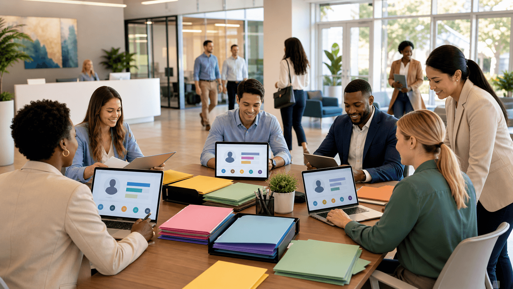 Blue-toned office scene with a recruiter reviewing digital candidate profiles on a large screen.