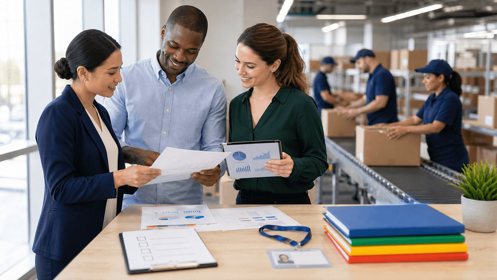 Clipboard checklist and ID badge on a desk beside autumn leaves, warm orange lighting with blurred warehouse in back