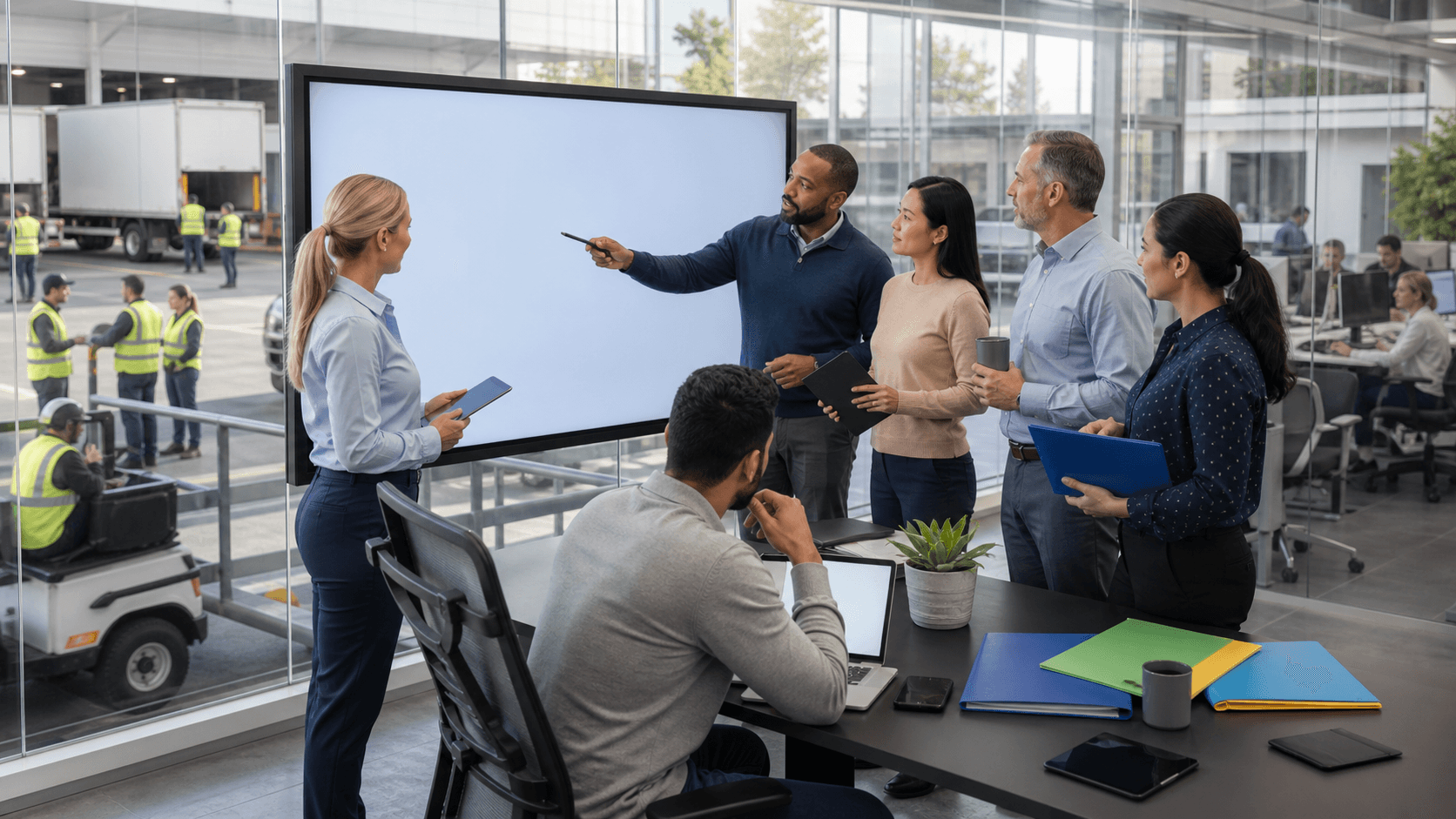 Business professionals review documents beside a laptop with a blue-tinted multi-location map in the background.