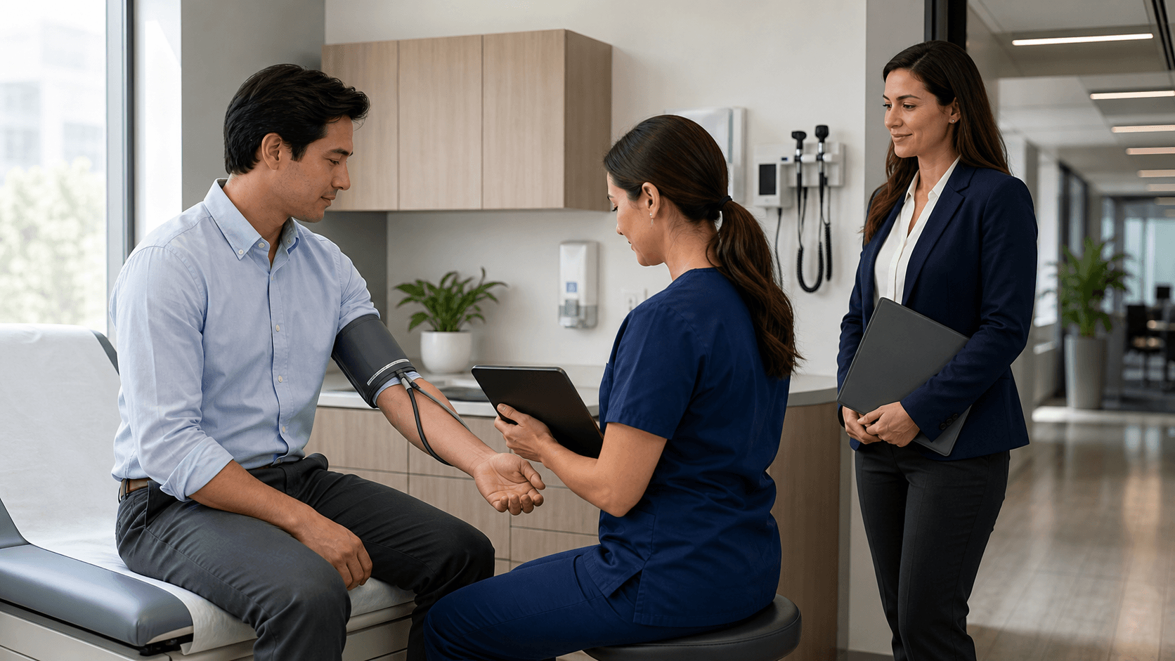 Doctor in white coat reviews a clipboard with a patient in an office, bright natural light and blue accents.