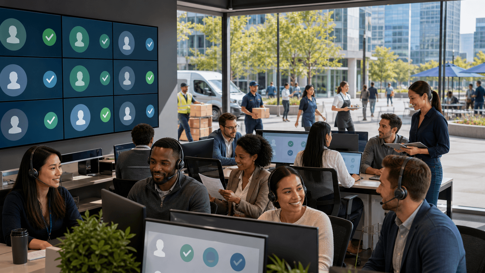 Recruiter reviews candidate profiles on a glowing laptop beside connected worker icons on a blue background.