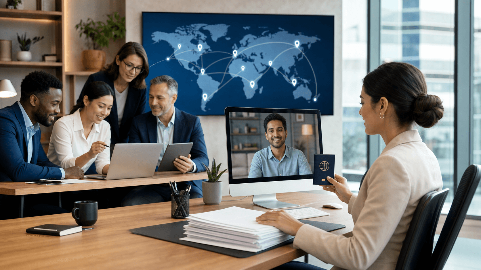 Glowing world map behind a laptop and floating profile icons, in blue tones with sleek, modern lighting.