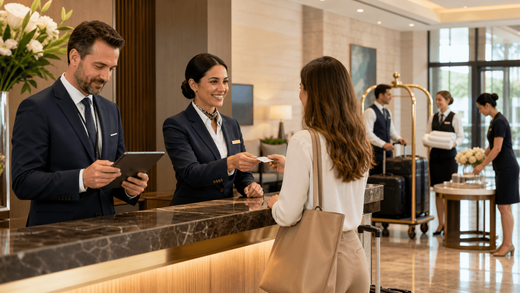 Hotel front desk with a clipboard checklist and ID card under warm lobby lighting, blurred guests in background